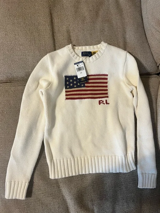 Polo by Ralph Lauren Cream Crewneck Sweater with Red & Blue Flag - Picture 2 of 6